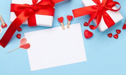 Valentines day greeting card with heart sweets and gift boxes