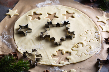 Christmas cooking and baking, dough with snowflake cookies