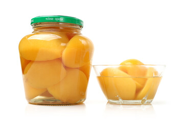 peaches in syrup on a white background 