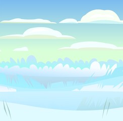 Fototapeta na wymiar Hoarfrost on bushes and trees. Winter rural landscape with cold white snow and drifts. Beautiful frosty view of countryside hilly plain. Flat design cartoon style. Vector