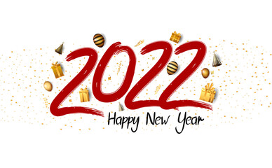 happy new year 2022 red color number with golden balloons, hat and gift box isolated on white background