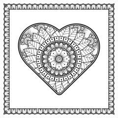 Mehndi flower with frame in shape of heart. decoration in ethnic oriental, doodle ornament.