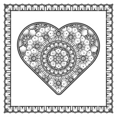 Mehndi flower with frame in shape of heart. decoration in ethnic oriental, doodle ornament.
