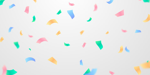 Celebration background template with confetti and colorful ribbons.