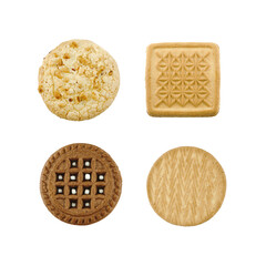 Set of different biscuit, crispy and chocolate cookies isolated on white background.