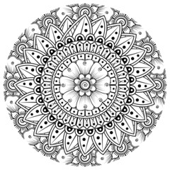 Mehndi flower for henna, mehndi, tattoo, decoration. Decorative ornament in ethnic oriental style, doodle ornament, outline hand draw. Coloring book page.