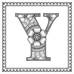 Letter Y made of flowers in mehndi style. coloring book page. outline hand-draw vector illustration.