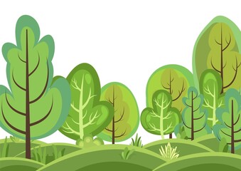 Flat forest. Illustration in a simple symbolic style. Funny green rural landscape. Comic design. Wild thickets. Cute scene with trees. Isolated Cartoon Vector