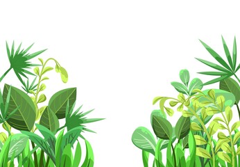 Tropical herbs and shrubs. Jungle meadow. Shoots of palm trees and nice summer weather. Isolated on white background. Funny cartoon style. Green countryside landscape. Sprawling branches. Vector.