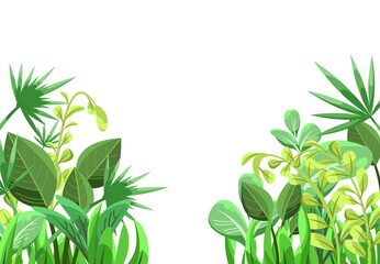 Obraz premium Tropical herbs and shrubs. Jungle meadow. Shoots of palm trees and nice summer weather. Isolated on white background. Funny cartoon style. Green countryside landscape. Sprawling branches. Vector.
