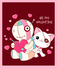 Valentine's day card with voodoo doll and little kitty. Greeting card with cute white cat and voodoo doll with red heart. Inscription Be my Valentine. Vector illustration EPS8
