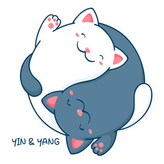 Yin yang cat. Two cute black and white cats in the shape of yin yang. Can be used for t-shirt print, stickers, greeting card design. Vector illustration EPS8