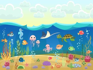 Fototapeta na wymiar Bottom of reservoir with fish. Blue water. Sea ocean. Sky with clouds. Underwater landscape with animals. plants, algae and corals. Cartoon style illusteration. Vector art