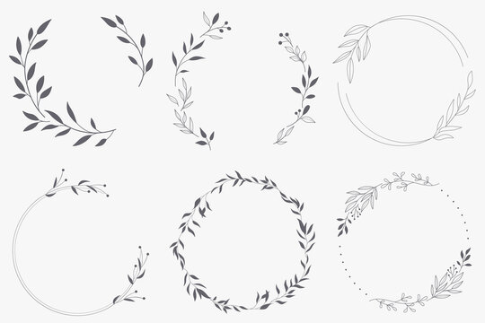 Floral Wreath branch in hand drawn style. Floral round gray and white frame of twigs, leaves and flowers. Frames for the Valentine's day, wedding decor, logo and identity template.