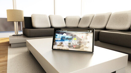 Smart home concept. Tablet with smart home controls on the wall of the house. 3D illustration