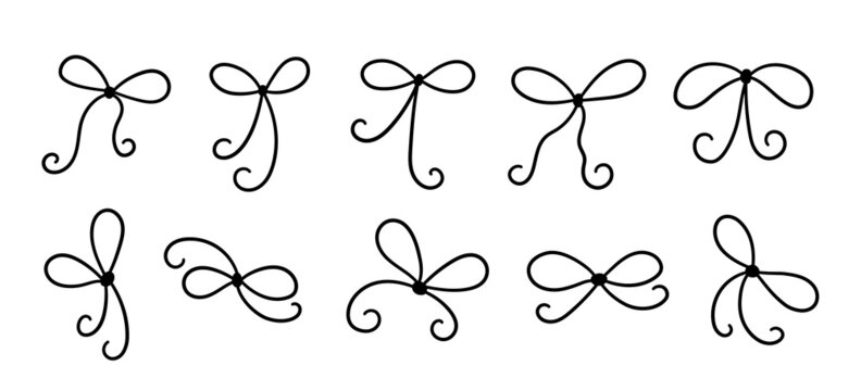 Thread bows with knots. Decorative thin ribbons set. Hand drawn vector illustration isolated in doodle style on white background.