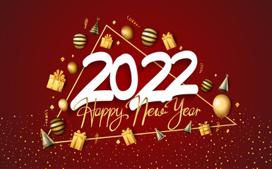 happy new year 2022 white number with party element isolated on red background