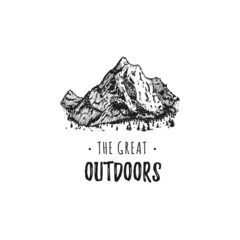 Mountain landscape with text The Great Outdoors.