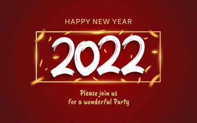 happy new year 2022 white number with party element isolated on red background