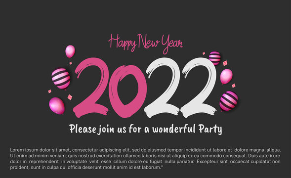 happy new year 2022 pink and white number with balloons isolated on black background