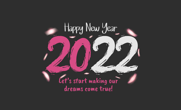 happy new year 2022 pink and white number with glitter isolated on black background