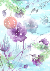 Fototapeta na wymiar Watercolor branch of spruce, pine with New Year's toy ball.Symbol of the new year.Christmas Tree.Misty forest, haze.wood on a snowy slope.branch, flower,poppy, peony, wild grass.Snowfall. Winter cover