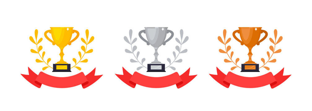 Gold, silver and bronze award trophy goblet cup set with wreath leaves icon sign flat style design vector illustration isolated on white background.