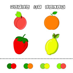 Developing activity for children -  match the   peach, orange, strawberry, lemon  by  color. Logic game for children.
