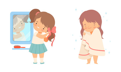 Little Girl Wrapped in Towel after Bathing and Braiding Hair in Front of Mirror Vector Set
