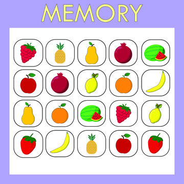 Memory game for children. The set includes cards with  fruits and berries. Cut and look for paired pictures
