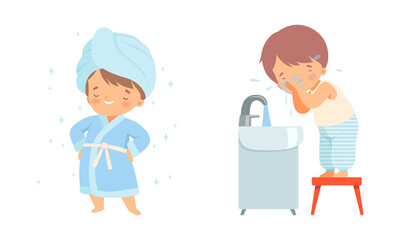 Little Boy Standing Wrapped in Towel and Bathrobe and Washing Face Vector Set