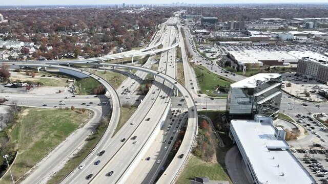 Drone lowering shot at the crossroad intersection between I-64 and I-170 in St. Louis, MO