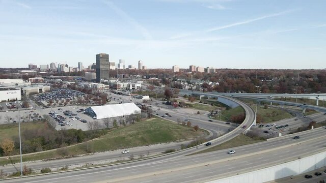 Aerial view of downtown Clayton at the crossroad intersection between I-64 and I-170 in St. Louis, MO