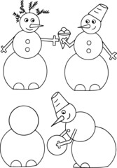 A set of two snowmen subject vector illustrations. Picture for coloring. (Snowman with ice cream, snowman making a snowman)