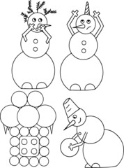 A set of two snowmen subject vector illustrations. Picture for coloring. (Snowman unicorn, snowman builds a snow house)