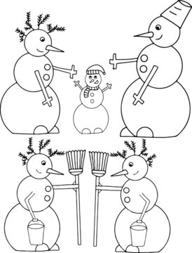 A set of two snowmen subject vector illustrations. Picture for coloring. (Family of snowmen, snowman with broom and bucket)