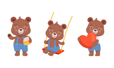 Obraz na płótnie Canvas Cute Teddy Bear Character Holding Honey Jar and Swinging Vector Set