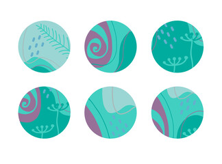 Set of round abstract backgrounds with colored spots, points, branches, curls and lines. Vector illustration. Illustration for mobile apps, social media icons templates, designs, and advertisements.