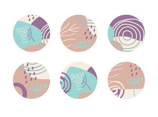 Set of round abstract backgrounds with colored spots, points, branches, curls and lines. Vector illustration. Illustration for mobile apps, social media icons templates, designs, and advertisements.