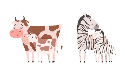 Mom Animal Cuddling with Its Little Cub as Parent Love and Care Vector Set