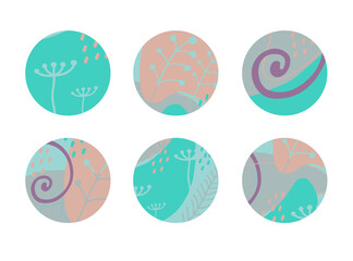 Set of round abstract backgrounds with colored spots, points, branches, curls and lines. Vector illustration. Illustration for mobile apps, social media icons templates, designs, and advertisements.