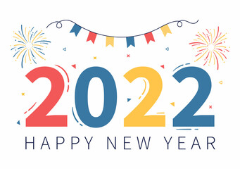 Fototapeta na wymiar Happy New Year 2022 Template Flat Design Illustration with Ribbons and Confetti on a Colorful Background for Poster, Brochure or Banner