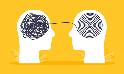Psychologist consulting or mental problem solving brainstorm concept. Human heads with tangled chaos disorder turns into order line, finding solution. Coach, mentoring psychotherapy. Complex to simple