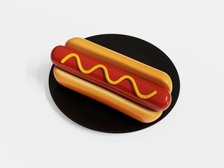 Hot dog with mustard on black plate isolated on white background, 3D Illustration