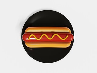 Hot dog with mustard on black plate isolated on white background. Top view, 3D Illustration