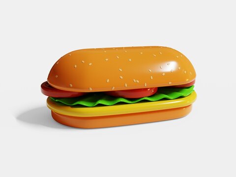 Elongated Hamburger (burger Sandwich) Isolated On White Background, 3D Illustration