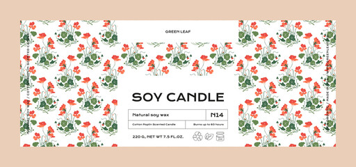 Hand drawn botanical vector cosmetics label design template for soy candle