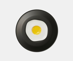 Top view fried egg on black plate isolated on white background, 3D Illustration