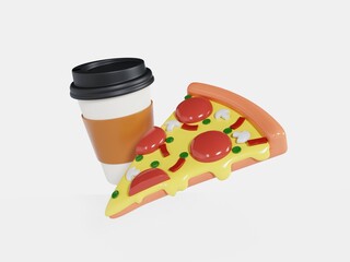 Slice of pizza and a cup of coffee isolated on white background, 3D Illustration