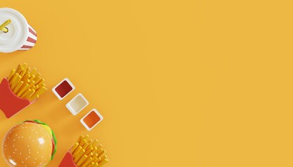 Top view of fast food. Hamburger, French fries, soft drink, ketchup and sauce isolated on yellow background, 3D Illustration
